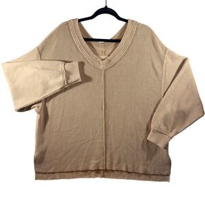 327 | Aerie Women Medium Oversized V-Neck Waffle Knit Thermal Sweater Tan